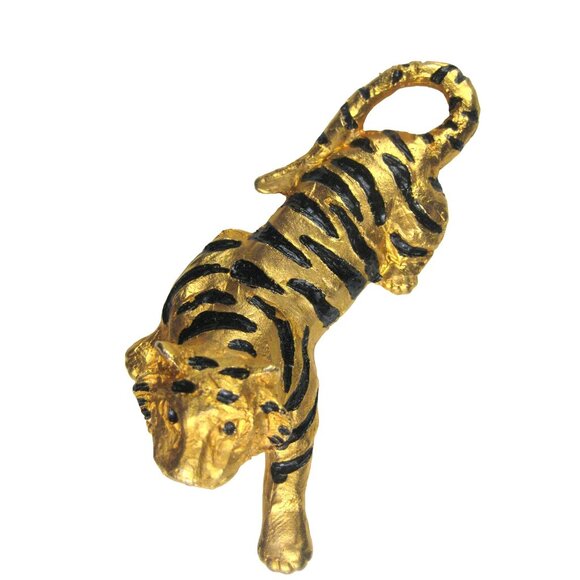 Vintage Goldtone Black Enamel Tiger Cat Brooch Pin Large Statement 3 inch Feline - Picture 1 of 5